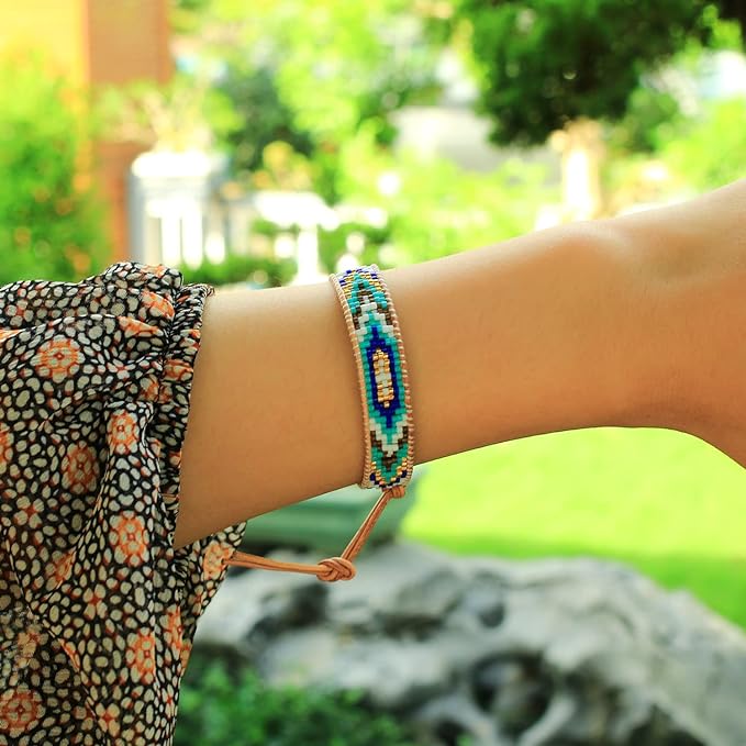 woman wearing a woven beaded bracelet